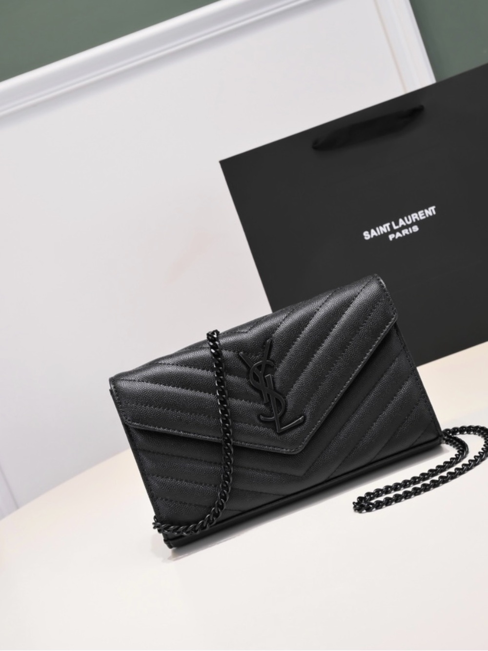 SL Matte Black Quilted Chain Crossbody Wallet